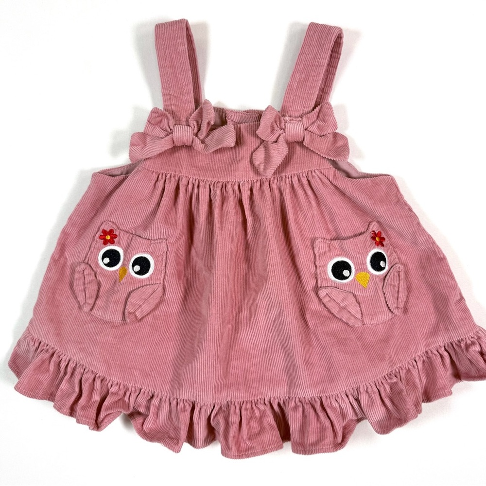 Baby‎ Girl Pink Corduroy Jumper Dress Owl Pocket Ruffle Hem Bow Strap Size 6M